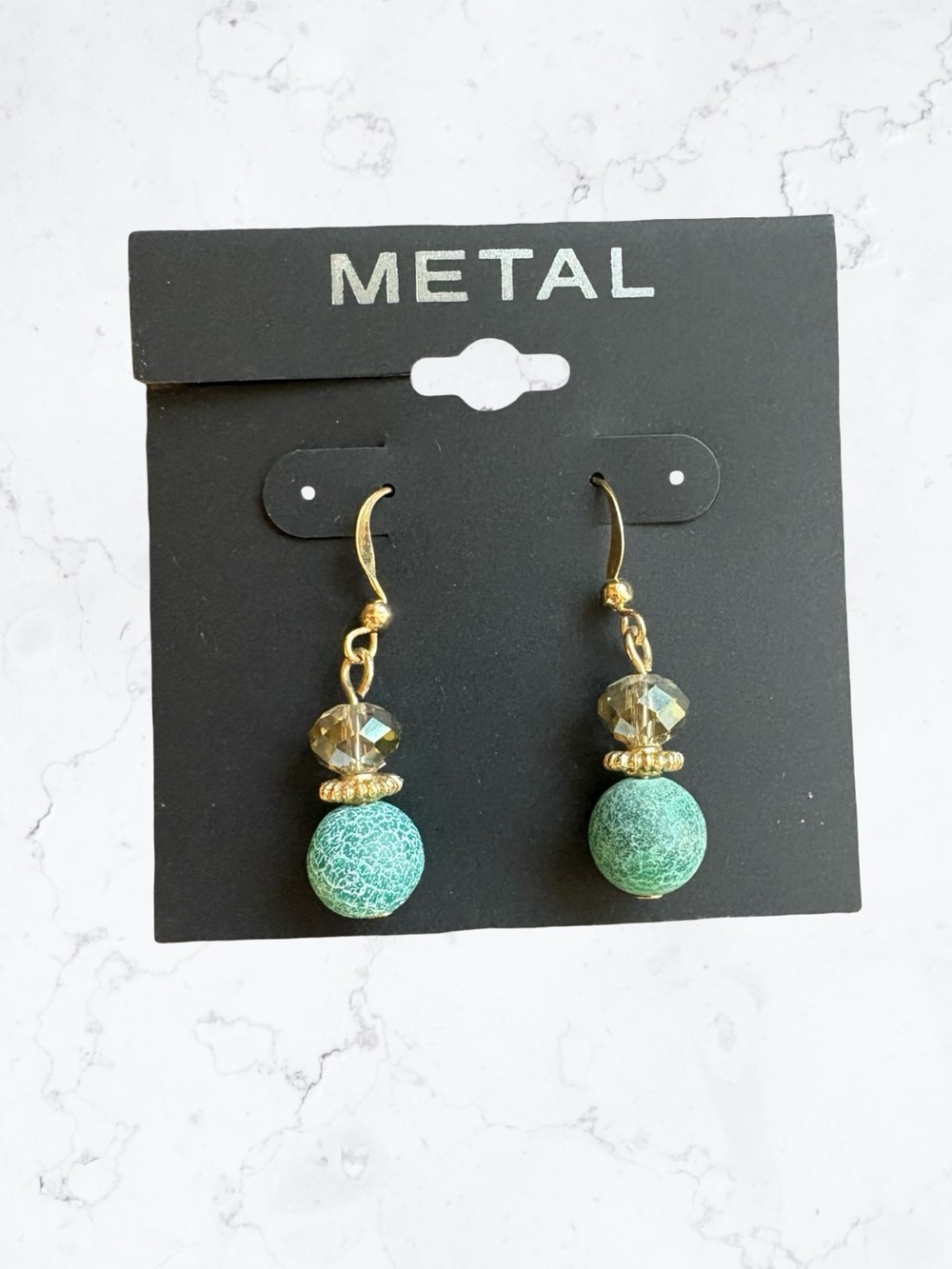 Metal Gold-Tone Drop Earrings with Textured Green Beads